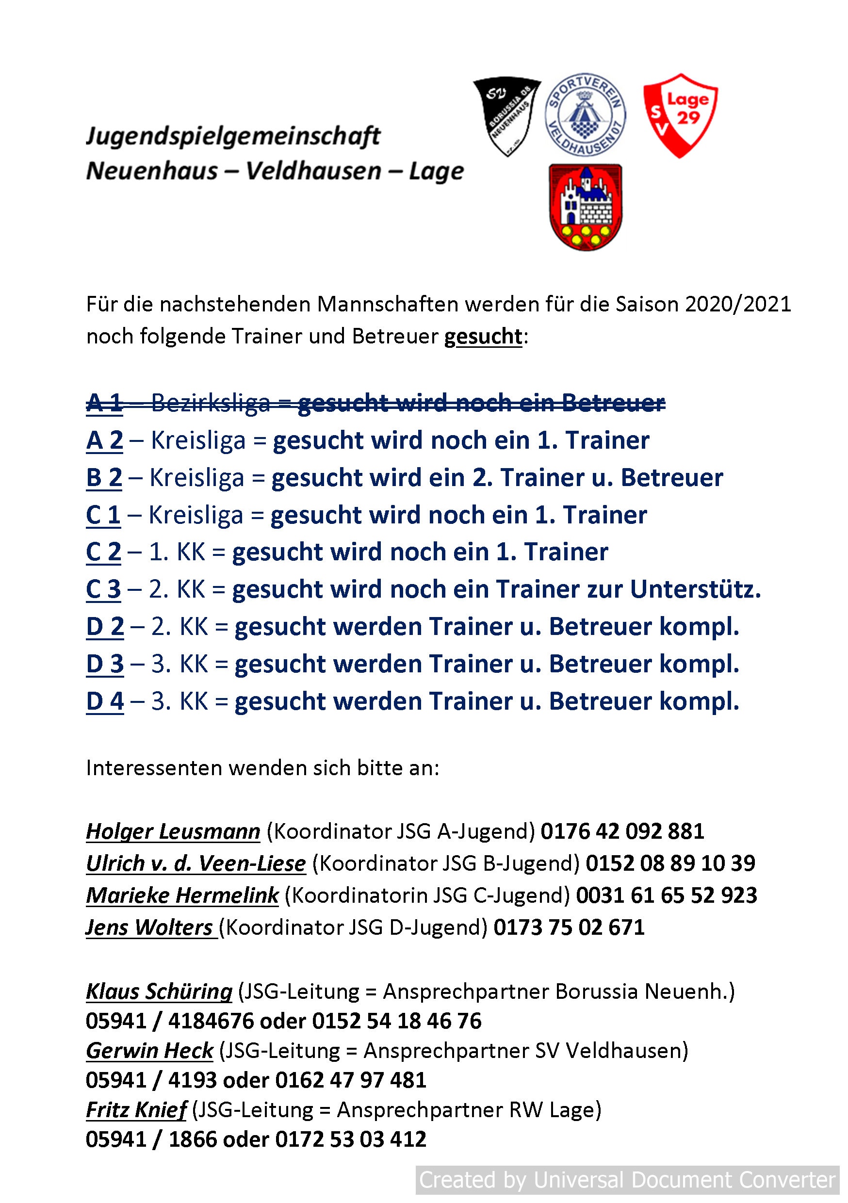 Trainer für die JSG Neuenhaus/Veldhausen/Lage gesucht